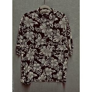 Tiki Palm Hawaiian Shirt XXL Brown Hibiscus Print Short Sleeve Button Up Rayon